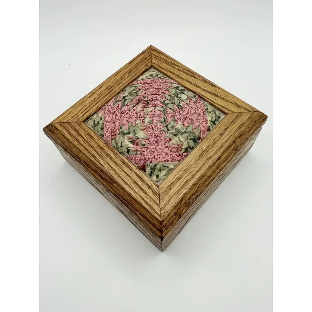 Vintage Handmade Embroidered Quilt Wooden 5x5 Square Trinket Box Cottage Core